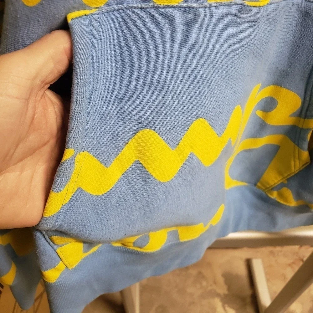 Champion Reverse Weave Hoodie Mens XL Blue Yellow All Over Script Logo Retro 90s